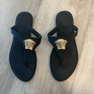 Versace Black Sandals with Gold Medusa Emblem